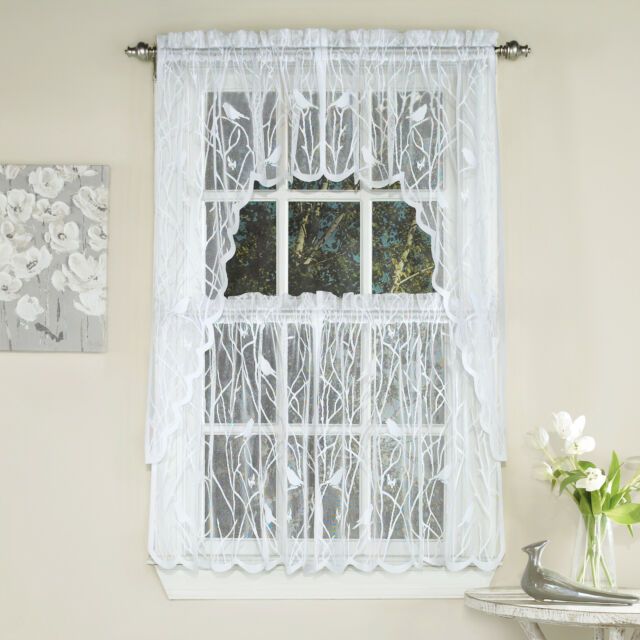 Knit Lace Bird Motif Kitchen Window Curtain Tiers, Swags Or Valance White With Regard To Cotton Lace 5 Piece Window Tier And Swag Sets (Photo 9 of 50)