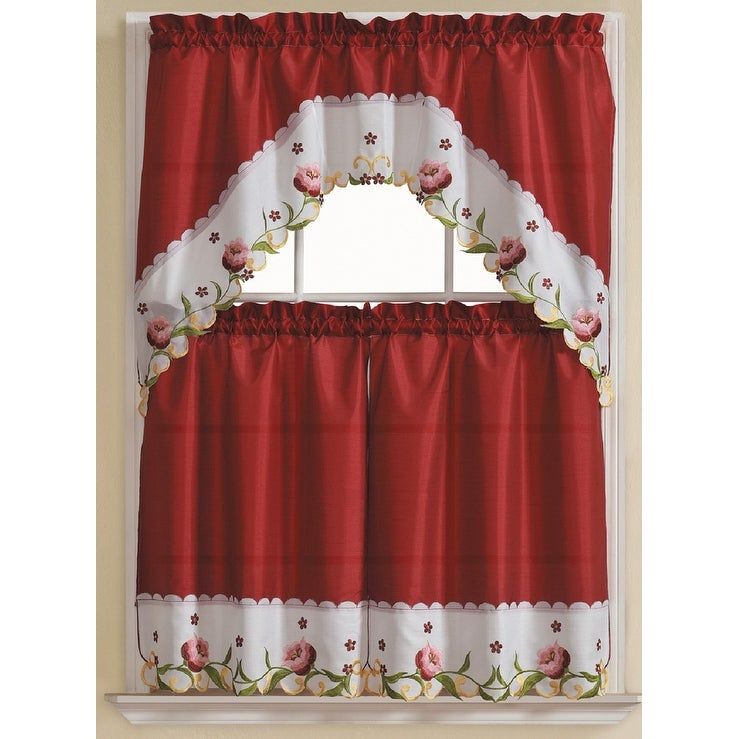 Leela 3 Piece Embroidered Kitchen Curtain Set, Burgundy, Tiers 30x36, Swag  60x36 Inches Inside 5 Piece Burgundy Embroidered Cabernet Kitchen Curtain Sets (Photo 22 of 50)