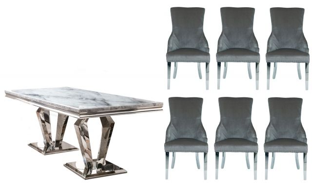 Missano – 200cm Dining Table With 6 Versailles Chairs For Most Recent Chapman Round Marble Dining Tables (View 20 of 30)