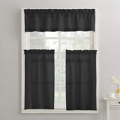 Modern Classic Black 3 Piece Kitchen Curtains Set Valance & Tiers Cafe  Curtains 766894623359 | Ebay Throughout Traditional Two Piece Tailored Tier And Valance Window Curtains (Photo 8 of 50)
