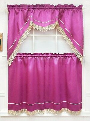 Modern Princess 3pcs Lace Kitchen Curtain Set. Dark Rose Color. | Ebay Throughout Spring Daisy Tiered Curtain 3 Piece Sets (Photo 21 of 30)
