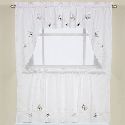 Monarch Butterfly White Kitchen Curtain Embroidered 24" Tier, Swag &  Valance Set 653078526479 | Ebay In Urban Embroidered Tier And Valance Kitchen Curtain Tier Sets (Photo 7 of 30)