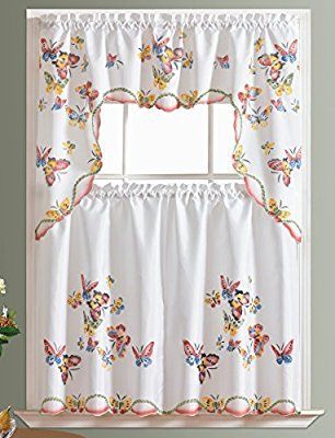 Most Delightful Three Piece Kitchen Butterfly Curtain Set In Traditional Tailored Window Curtains With Embroidered Yellow Sunflowers (View 9 of 30)