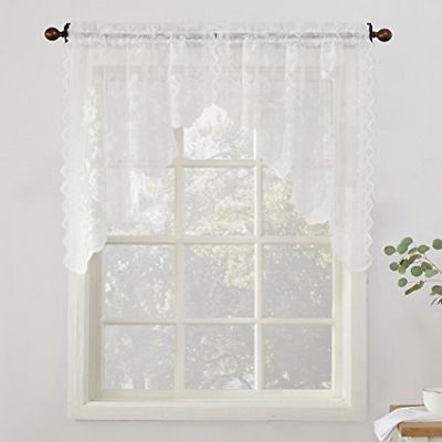 No. 918 Alison Floral Lace Sheer Kitchen Curtain Swag Pair, 58" X 38",  White 29927489378 | Ebay With Regard To Floral Embroidered Sheer Kitchen Curtain Tiers, Swags And Valances (Photo 30 of 50)