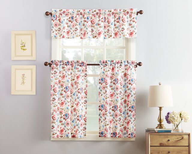 No. 918 Dora Floral Microfiber 3 Piece Kitchen Curtain Set, 54" X 36", Coral Pertaining To Microfiber 3 Piece Kitchen Curtain Valance And Tiers Sets (Photo 18 of 30)