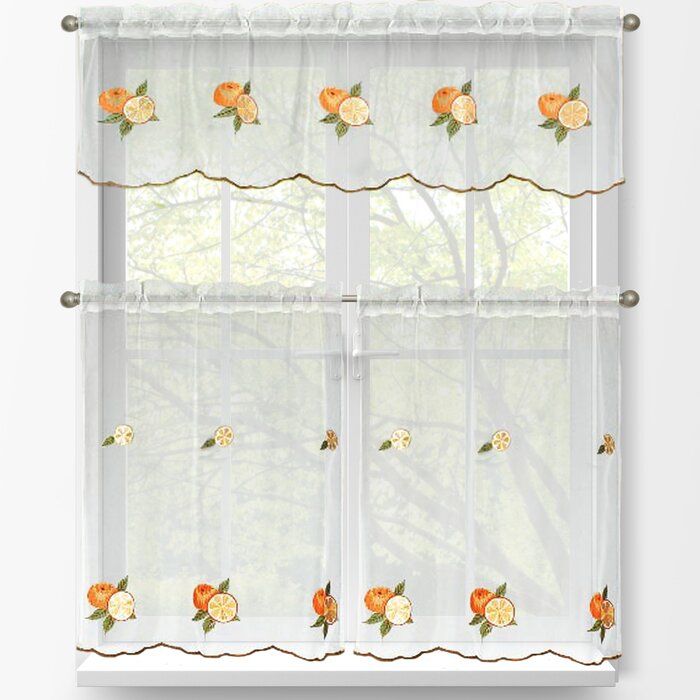 Oranges 3 Piece Embroidered Kitchen Tier And Valance Set For Window Curtain Tier And Valance Sets (Photo 44 of 50)