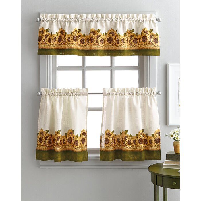Pierceton Sunflower Graden 3 Piece Kitchen Curtains For Traditional Tailored Window Curtains With Embroidered Yellow Sunflowers (View 18 of 30)