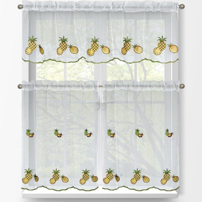 Pineapple 3 Piece Embroidered Kitchen Tier And Valance Set Pertaining To Urban Embroidered Tier And Valance Kitchen Curtain Tier Sets (View 30 of 30)