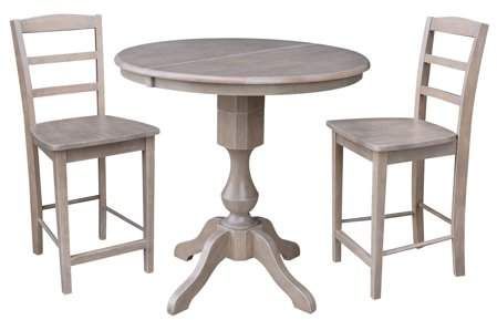 Preferred International Concepts 36" Round Extension Dining Table With Two Stools –  Washed Gray Taupe Pertaining To Gray Wash Benchwright Pedestal Extending Dining Tables (Photo 23 of 30)