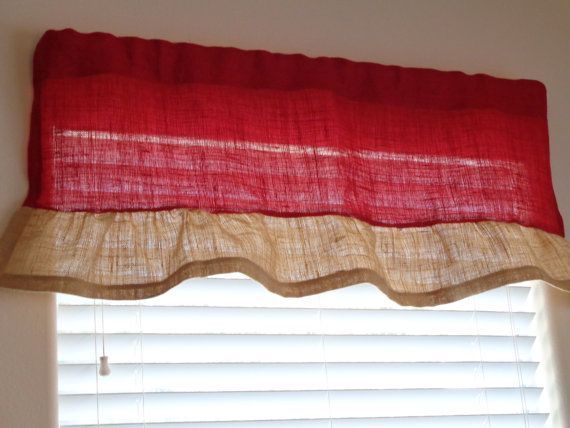 Red Burlap With A Natural Burlap Handmade Ruffle Valance, 17 Inside Bermuda Ruffle Kitchen Curtain Tier Sets (View 32 of 50)