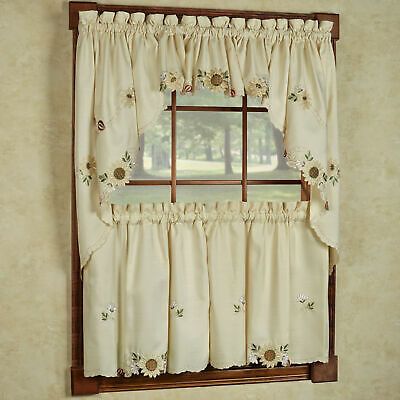 Sunflower Cream Embroidered Kitchen Curtains – Tiers Valance Or Swag | Ebay Intended For Traditional Two Piece Tailored Tier And Valance Window Curtains (Photo 32 of 50)
