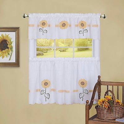 Sunflower Tier & Swag Set Complete Kitchen Curtain Sun Blossom | Ebay Regarding Traditional Two Piece Tailored Tier And Valance Window Curtains (Photo 19 of 50)