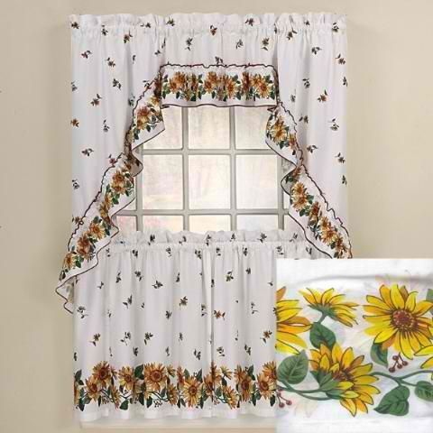 Sunflowers Kitchen Curtains Swag Set | Kitchen Curtains Inside Traditional Tailored Window Curtains With Embroidered Yellow Sunflowers (View 3 of 30)