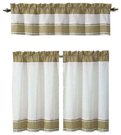 Tatianna Ivory White Brown Taupe Pintuck Striped Kitchen Curtain Set, 3  Piece With Pintuck Kitchen Window Tiers (Photo 5 of 43)