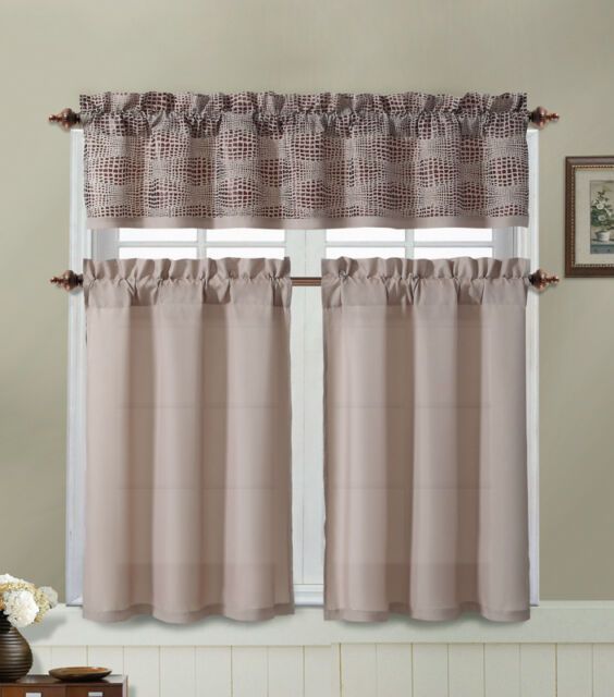 Taupe 3 Pc. Window Curtain Set: 2 Tiers, 1 Valance W/ Chocolate Alligator  Print For Chocolate 5 Piece Curtain Tier And Swag Sets (Photo 8 of 30)