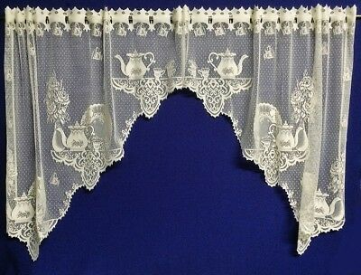 Tea Pots Lace Window Valance And Or Swag Pair Ivory Or White Kitchen  Diningroom | Ebay Pertaining To Ivory Knit Lace Bird Motif Window Curtain (View 35 of 50)