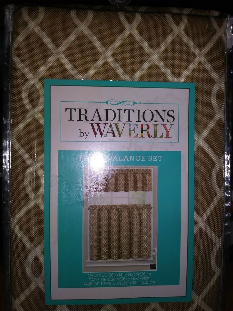 Tier And Valance Set  Traditionswaverly – Ellis Natural Tan 56" X 36" |  Ebay Regarding Hopscotch 24 Inch Tier Pairs In Neutral (View 21 of 30)