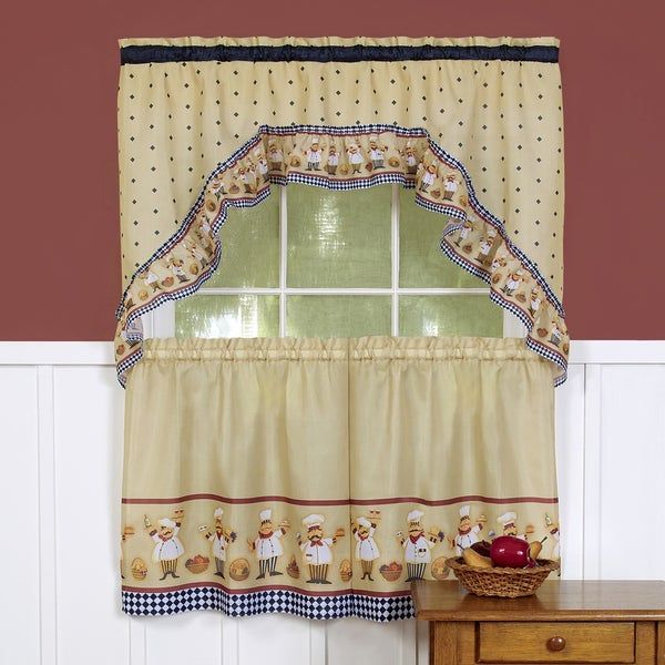 Traditional Two Piece Tailored Tier And Swag Window Curtains Set With Happy  Chef Print Within Traditional Tailored Tier And Swag Window Curtains Sets With Ornate Flower Garden Print (Photo 1 of 30)