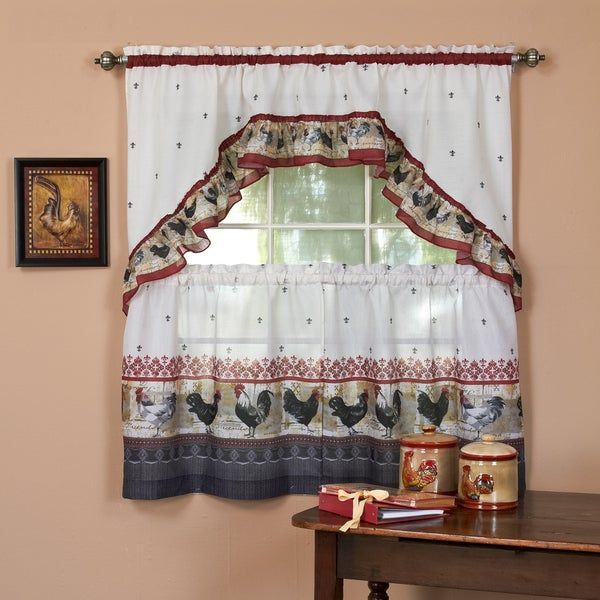 Traditional Two Piece Tailored Tier And Swag Window Curtains Set With  Ornate Rooster Print – 36 Inch Intended For Traditional Two Piece Tailored Tier And Valance Window Curtains (Photo 2 of 50)