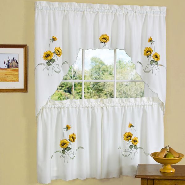 Traditional Two Piece Tailored Tier And Swag Window Curtains With Traditional Tailored Window Curtains With Embroidered Yellow Sunflowers (Photo 1 of 30)