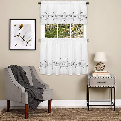 Trellis Scrolling Leaf Pattern Kitchen Window Curtain Tiers Or Valance Gray  | Ebay Regarding Vertical Ruffled Waterfall Valance And Curtain Tiers (Photo 5 of 30)