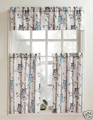 Unique Multi Colored 3 Piece Owl Printed Kitchen Curtain Set Throughout Red Delicious Apple 3 Piece Curtain Tiers (View 22 of 50)