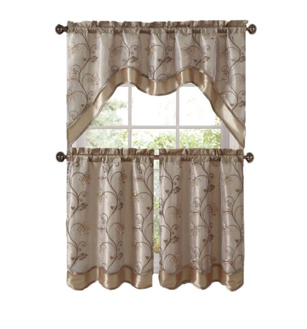 Vcny Home Audrey Complete 3 Piece Tier & Swag Kitchen Curtain Set –  Beige/gold In Chocolate 5 Piece Curtain Tier And Swag Sets (View 15 of 30)