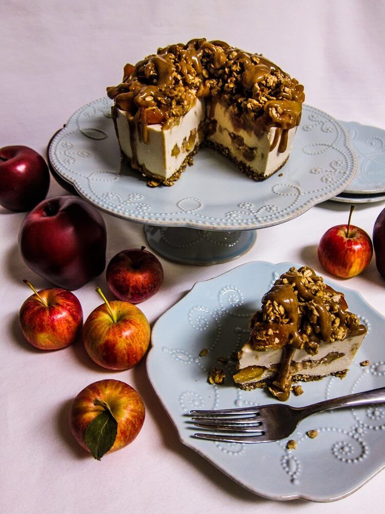 Vegan Caramel Apple Cheesecake | Fragrant Vanilla Cake In Apple Orchard Printed Kitchen Tier Sets (View 25 of 50)