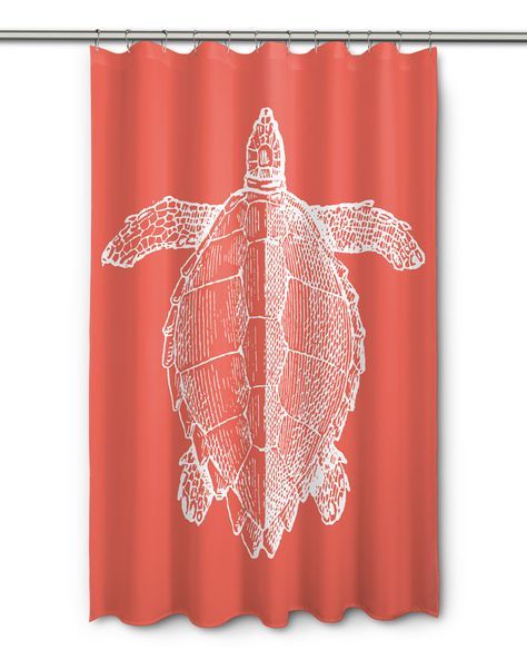 Vintage Sea Turtle Shower Curtain – White On Coral | Coastal In Vintage Sea Shore All Over Printed Window Curtains (Photo 2 of 47)
