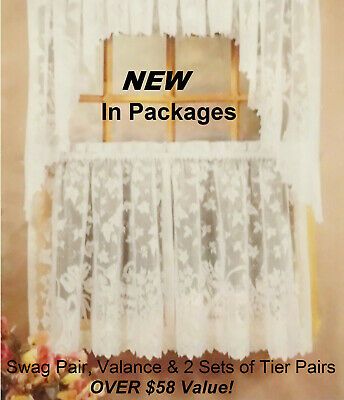 White Lace Cafe Kitchen Curtain Window Tiers Valance & Swag Set New In  Packages 840456042557 | Ebay With Regard To Tranquility Curtain Tier Pairs (View 24 of 30)