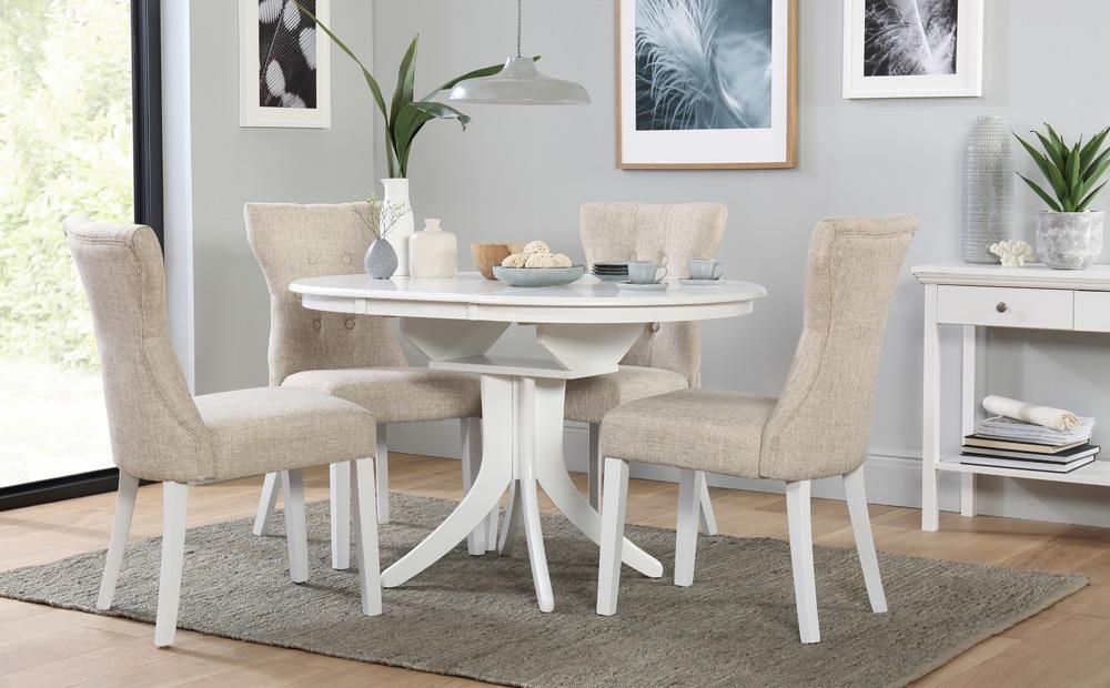 Widely Used Warner Round Pedestal Dining Tables In Hudson Round White Extending Dining Table – With 4 Bewley Oatmeal Chairs (View 16 of 20)