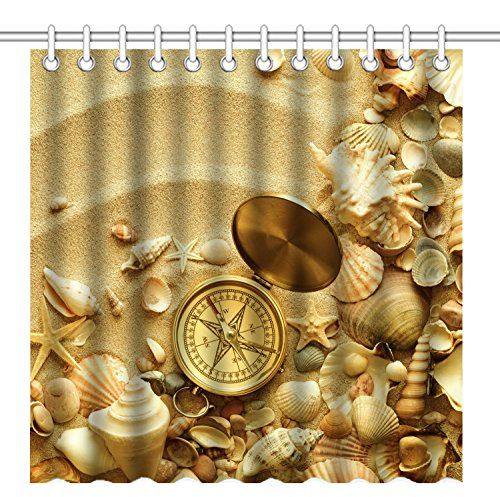 Wknoon 72 X 72 Inch Shower Curtain, Vintage Gold Compass Sea Shell On  Sandbeach, Waterproof Polyester Fabric Decorative Bath Curtains Within Vintage Sea Shore All Over Printed Window Curtains (View 24 of 47)