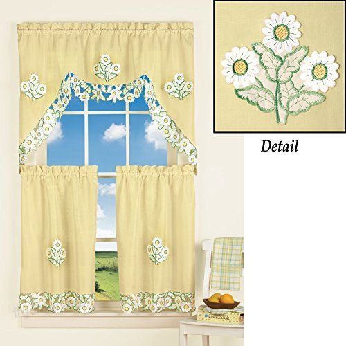 Yellow Embroidered Daisy Rod Pocket 3 Piece Kitchen Cafe Inside Embroidered Rod Pocket Kitchen Tiers (Photo 40 of 49)