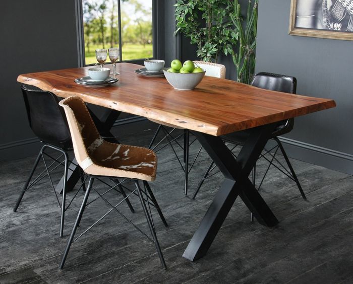 Acacia Dining Table With Natural Edge And Black Metal Cross Leg Base Within Well Known Acacia Dining Tables With Black X Legs (Photo 5 of 20)