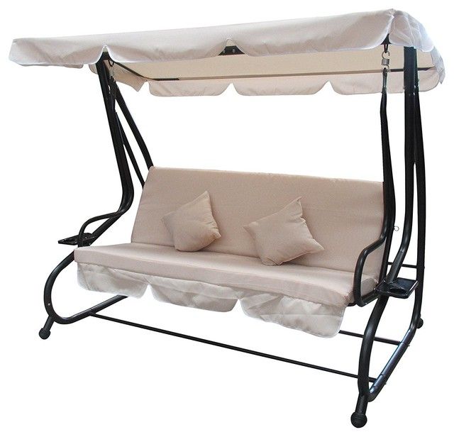 Aleko Canopy Patio Swing Bench With Pillows And Cup Holders, Beige With Canopy Patio Porch Swings With Pillows And Cup Holders (View 2 of 20)