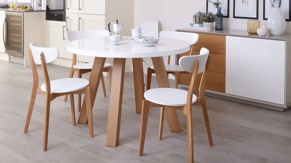 Arc Oak And White Gloss And Senn Oak Dining Set Intended For Well Known 4 Seater Round Wooden Dining Tables With Chrome Legs (View 10 of 20)