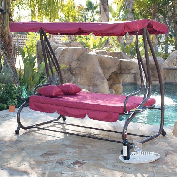 Belleze Outdoor Canopy Porch Swing/bed Hammock Tilt Canopy With Steel Frame  (burgundy) In Canopy Patio Porch Swings With Pillows And Cup Holders (View 17 of 20)