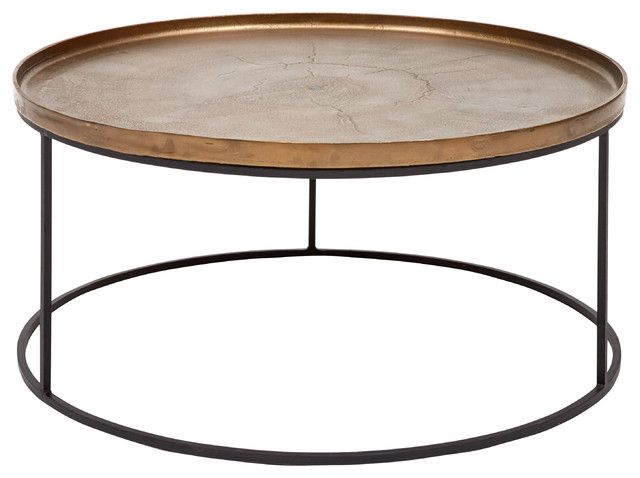 Black Top  Large Dining Tables With Metal Base Copper Finish Throughout Newest Emily Industrial Loft Black Metal Base Round Brass Coffee Table (Photo 17 of 20)