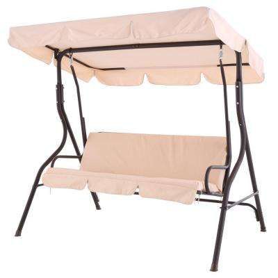 Camo 2 Person Black Metal Porch Swing With Beige Canopy Inside 2 Person Black Wood Outdoor Swings (View 11 of 20)