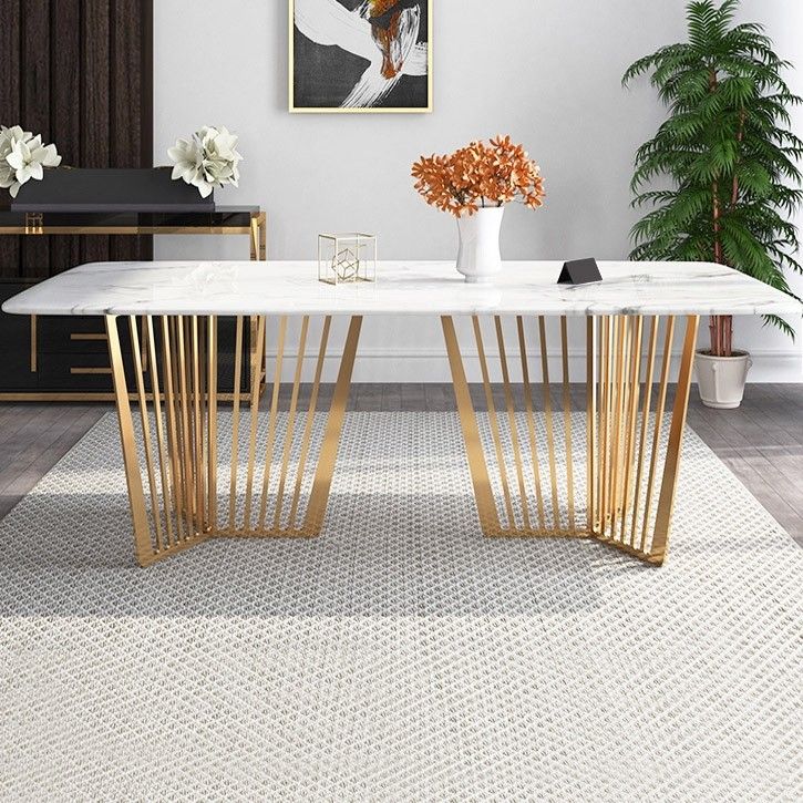 Contemporary 63" Rectangular Faux Marble Dining Table Gold Base Stainless  Steel Regarding Widely Used Faux Marble Finish Metal Contemporary Dining Tables (Photo 16 of 20)