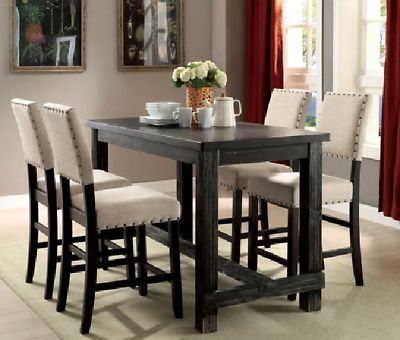 Contemporary Antique Black Counter Height Dining Table Rustic Distressed  Wood 717010065065 (Photo 14 of 20)