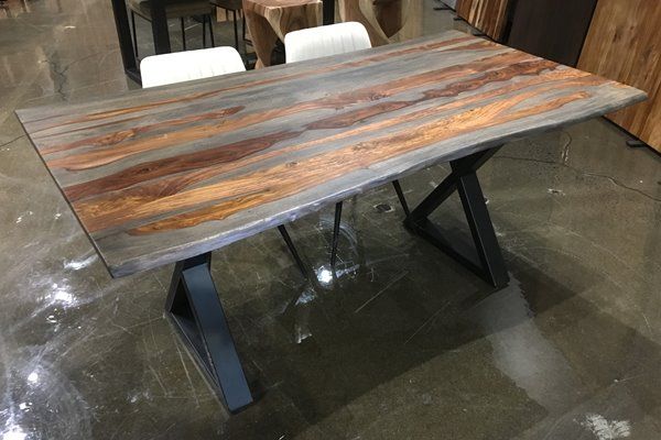 Corcoran Grey Sheesham Live Edge Dining Table With Black X Within Well Known Acacia Dining Tables With Black X Legs (Photo 13 of 20)