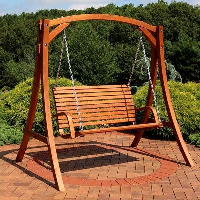Deluxe 2 Person Wooden Patio Swing – Sunnydaze Decor, Brown Regarding 2 Person White Wood Outdoor Swings (View 10 of 20)