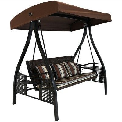 Deluxe Steel Frame Cushioned Swing With Side Tables – Brown With 3 Person Brown Steel Outdoor Swings (Photo 10 of 20)