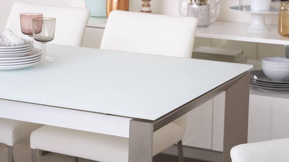 Eve Frosted Glass Extending Dining Table In White And Brushed Throughout 2020 Modern Glass Top Extension Dining Tables In Stainless (View 16 of 20)