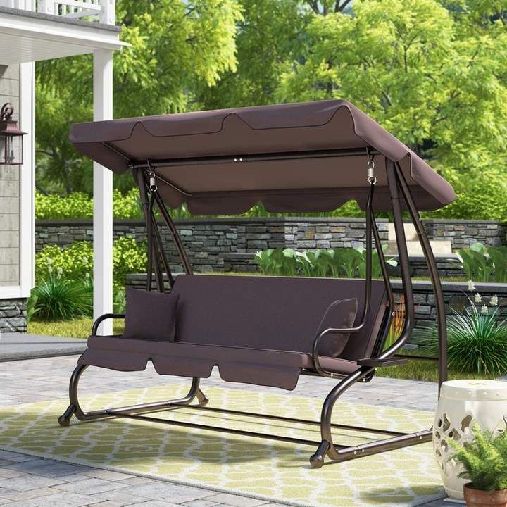 Fleur De Lis Living Mossley Canopy Porch Swing With Stand Within Wicker Glider Outdoor Porch Swings With Stand (Photo 5 of 20)