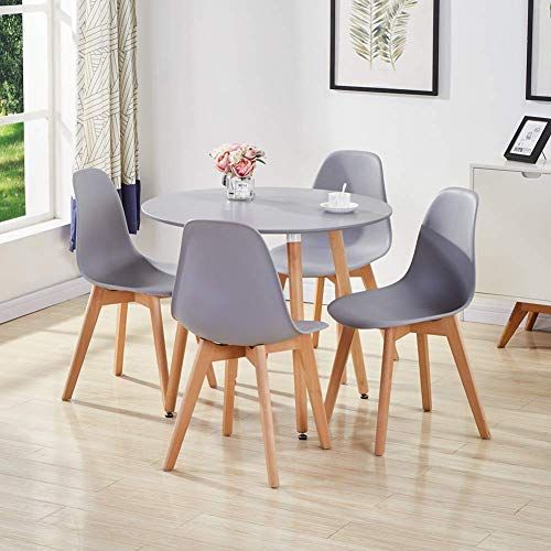 Goldfan Dining Room Set Eiffel Dining Table And Chairs Set 4 Modern Round  Kitchen Table Wood Style (all Grey) Throughout Well Liked 4 Seater Round Wooden Dining Tables With Chrome Legs (Photo 17 of 20)