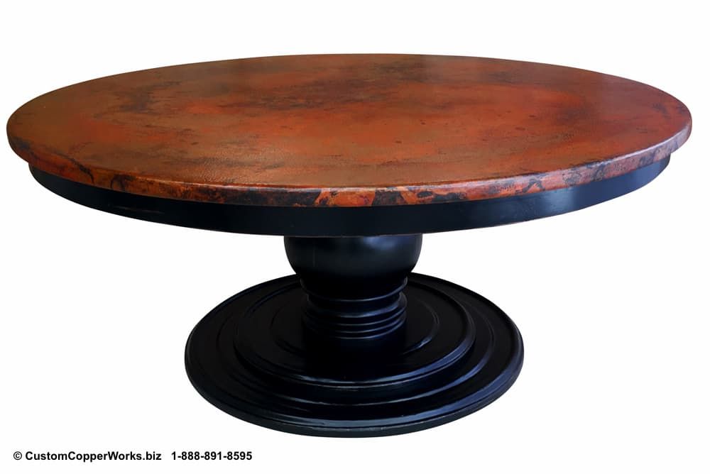Hammered Copper Top Round Dining Table, Wood Single Pedestal Regarding Fashionable Black Top  Large Dining Tables With Metal Base Copper Finish (View 11 of 20)