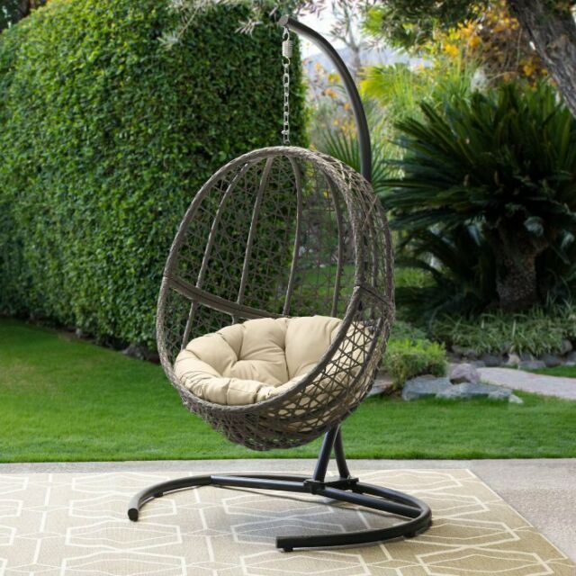 Hanging Egg Chair With Stand And Cushion Outdoor Patio Porch Wicker Swing  Seat With Regard To Outdoor Wicker Plastic Tear Porch Swings With Stand (Photo 10 of 20)