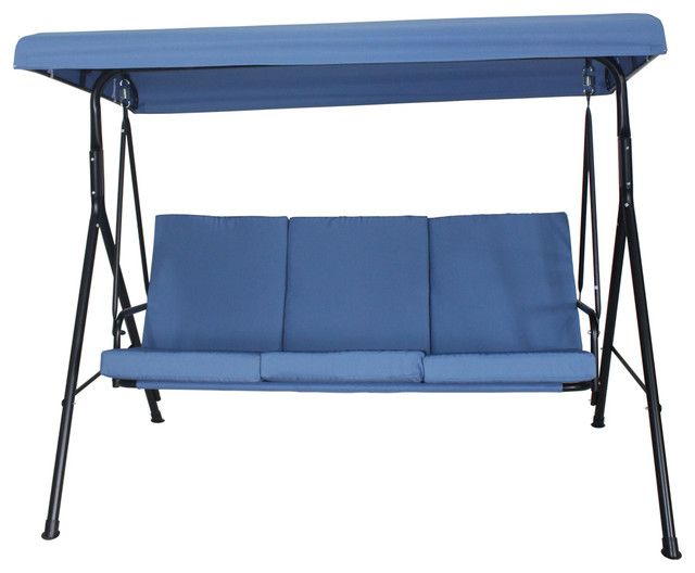 Home Beyond 3 Person Steel Fabric Outdoor Porch Swing Canopy With Stand,  Blue Pertaining To 3 Person Outdoor Porch Swings With Stand (Photo 8 of 20)